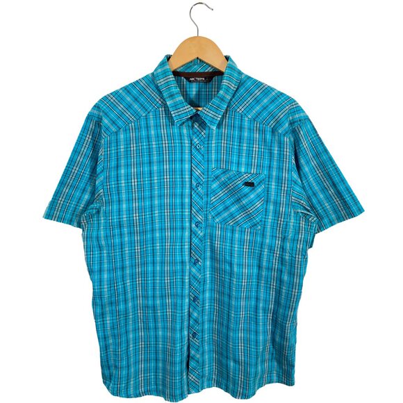 Arc'teryx Short Sleeve Plaid Peakline Hike Shirt Blue men's size Large - Picture 1 of 7